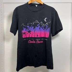 Vintage Costa Brava Souvenir T-Shirt With Sunset Illustration Graphic Black Pink